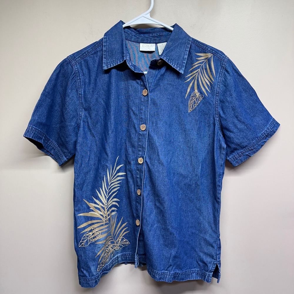 ERIKA Womens Short Sleeve Denim Shirt Gold Leaf Print Button Up Casual Top